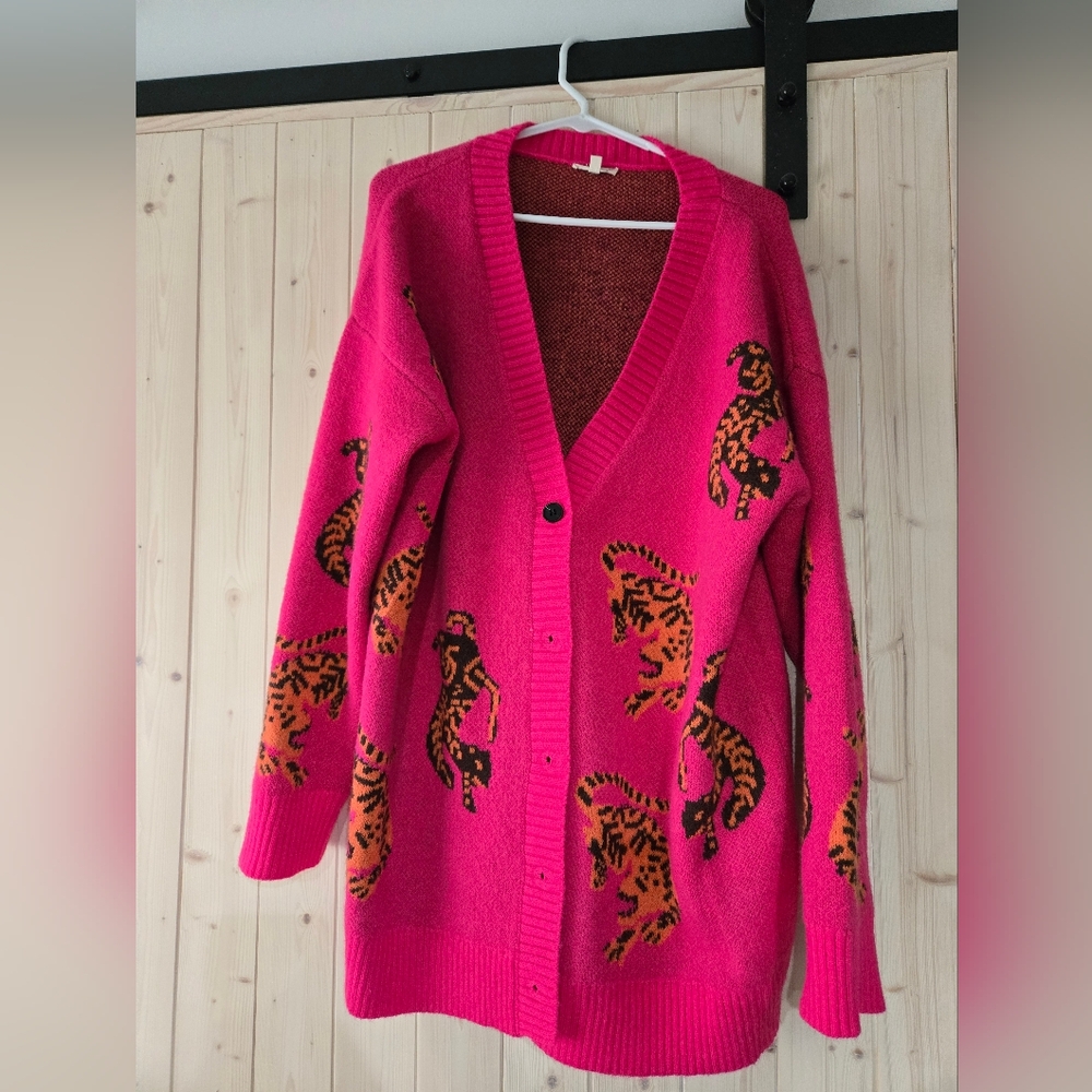 JODIFL Pink and Orange Cardigan Sweater with Tiger Print